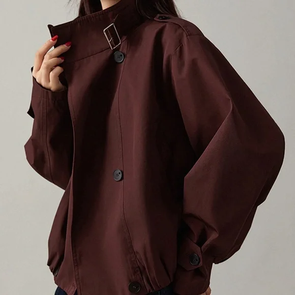 Commense Vintage Loose Trench Coat In Burgundy Size L NWT - Picture 2 of 14